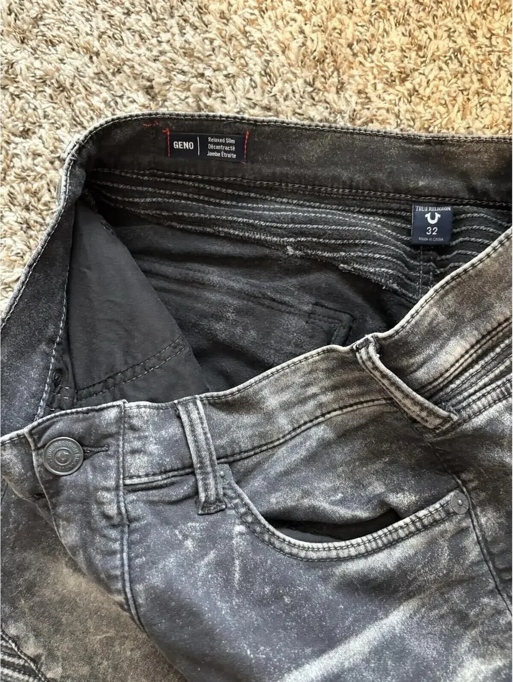 True Religion Geno Relaxed Slim Moto Jeans Gray Black Men's Size 32x33 Vintage